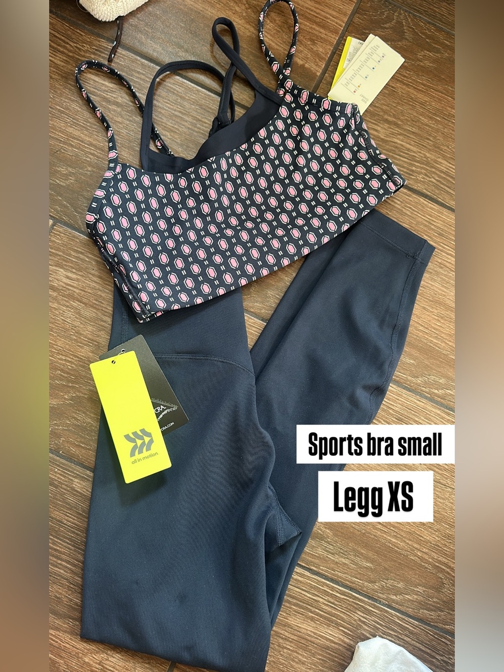 all in motion navy  Leggings with navy& Pink Patterned Sports Bra ( set )